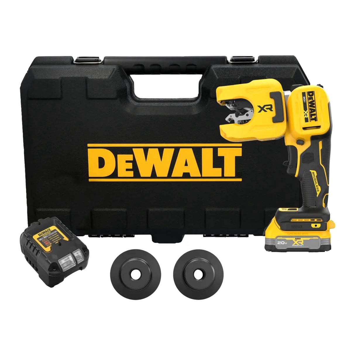 DEWALT Copper Tubing Cutter Kit DCE154E1 1-1/4 Inch Copper Tubing Cutter Kit (20V MAX XR Brushless 80 Degree Pivoting Head Auto Size Adjustment Plumbing HVAC Bare Tool)