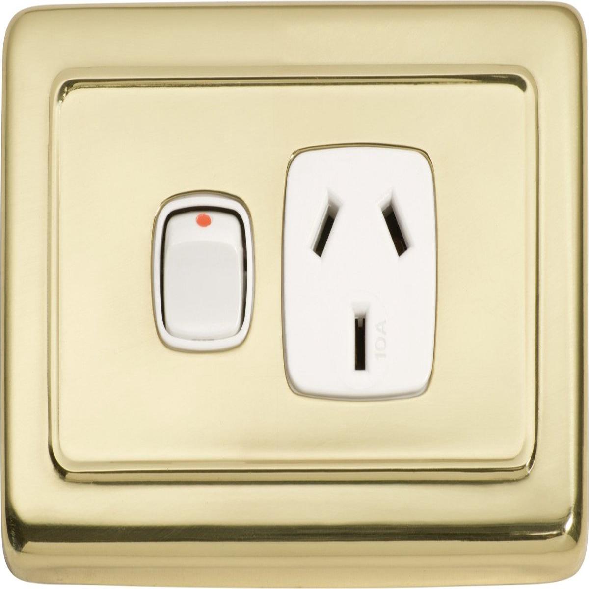 1 Gang Flat Plate Rocker Switches with Socket by Tradco - White / Polished Brass