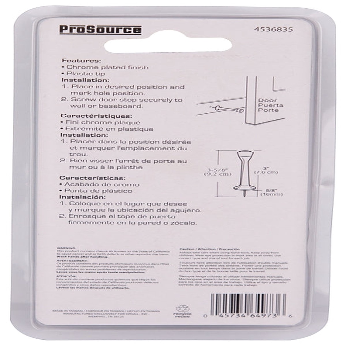 ProSource CL-208C-CH-PS Heavy-Duty Rigid Door Stop 1 in Dia Base 3 in Projection Die-Cast Zinc Plastic Chrome