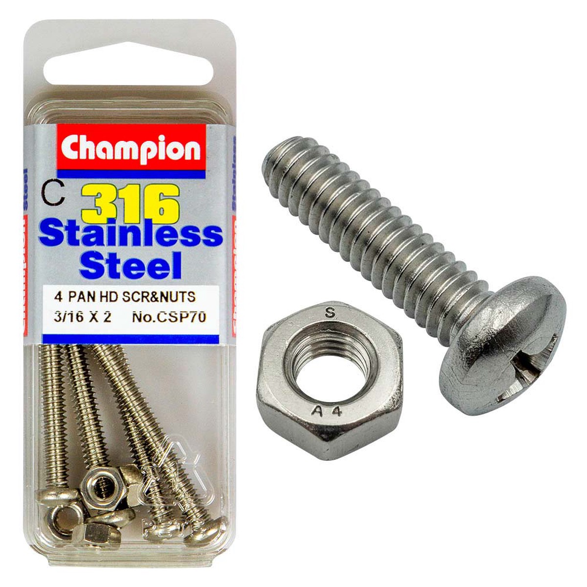 Champion 3/16in x 2in UNC Pan HD Set Screw 316/A4 (C)