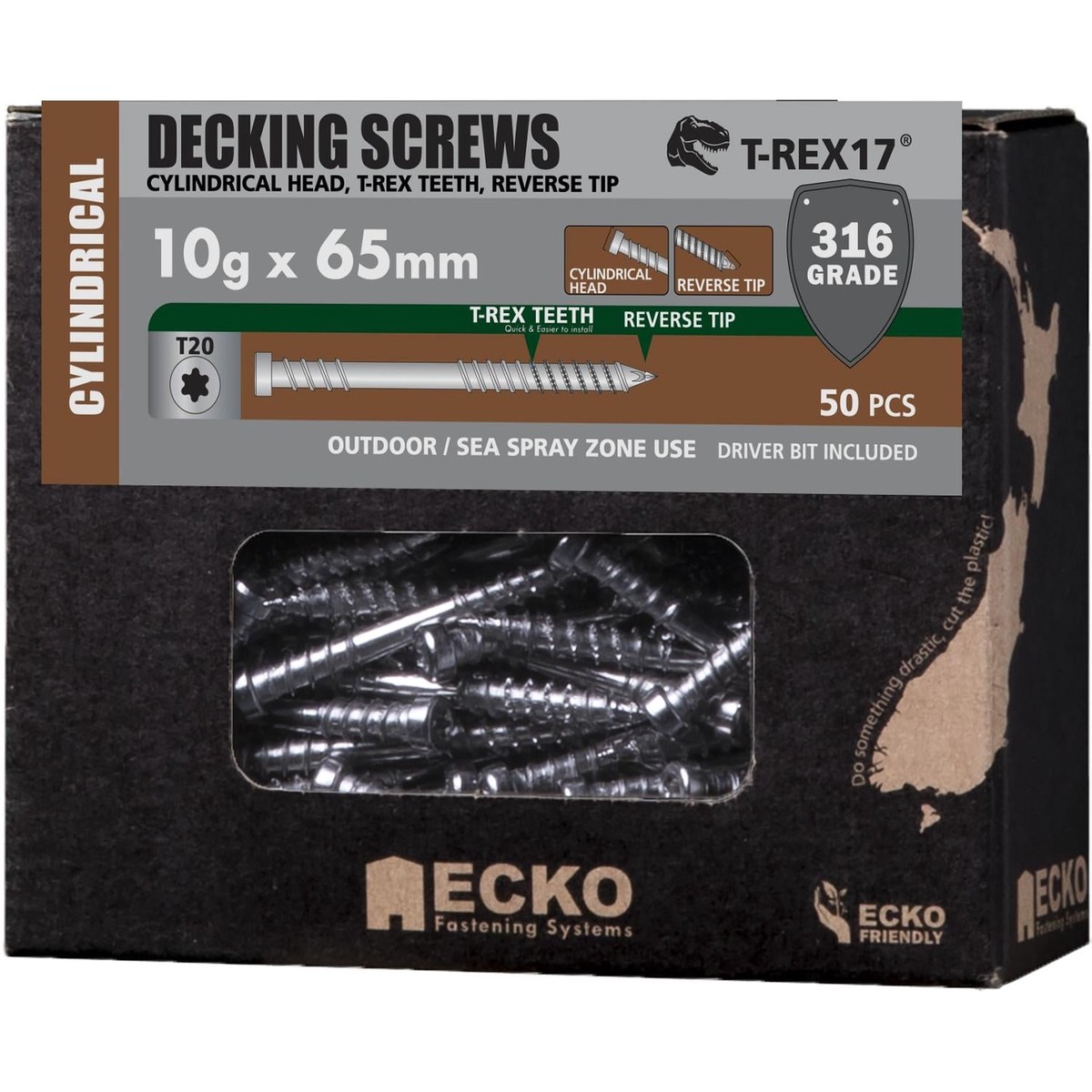 Ecko T-Rex17 Ecko 10G X 65Mm Cylindrical Head Ss316 Decking Screws (50 Box)