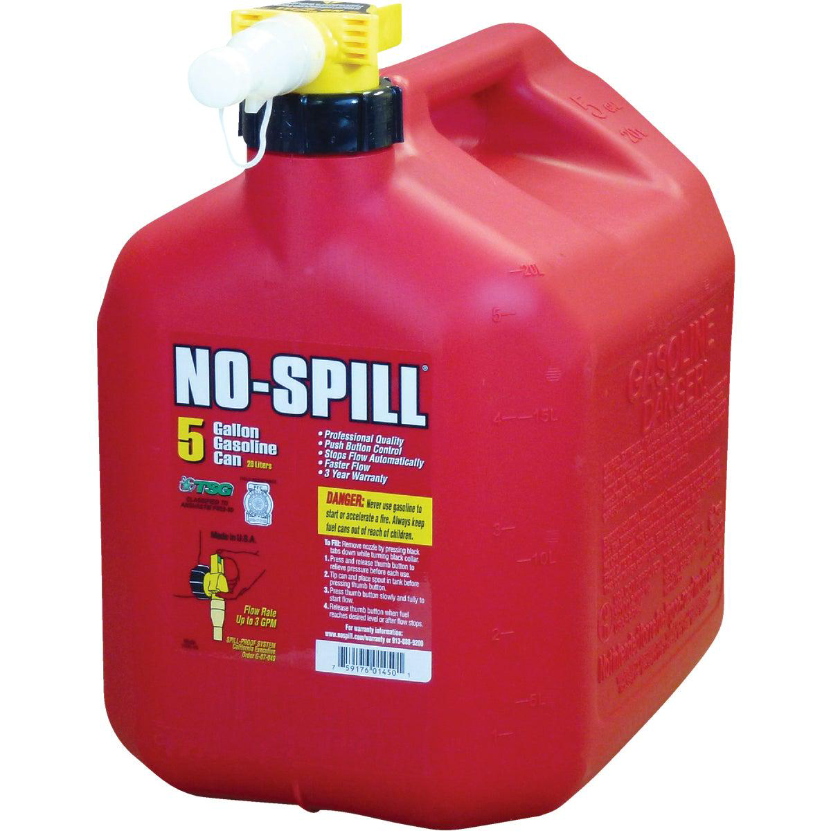 No-Spill 5 Gal Plastic Gasoline Fuel Can Red