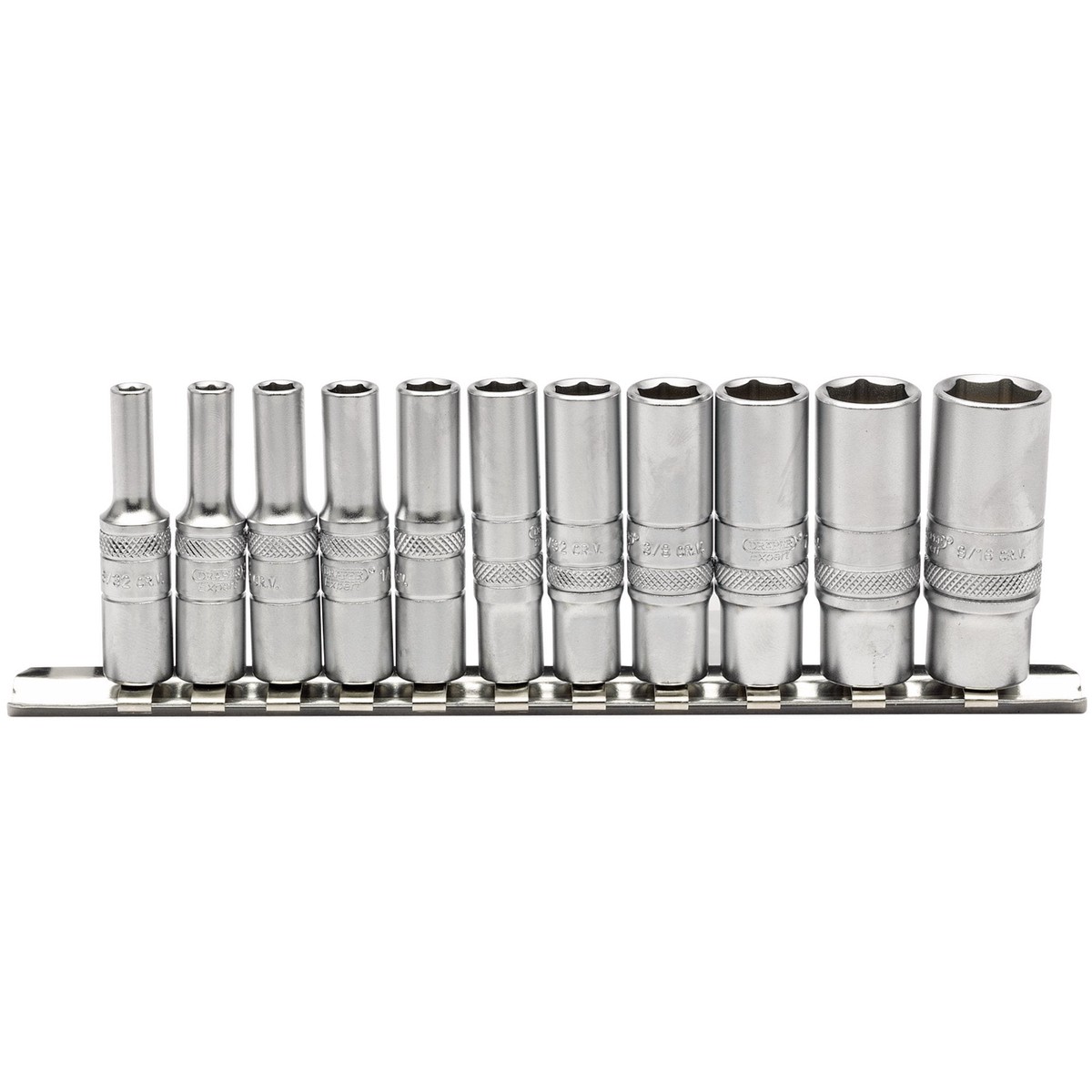 Draper 16491 Imperial Deep Socket on Metal Rail, 1/4" Sq. Dr. (11 Piece)