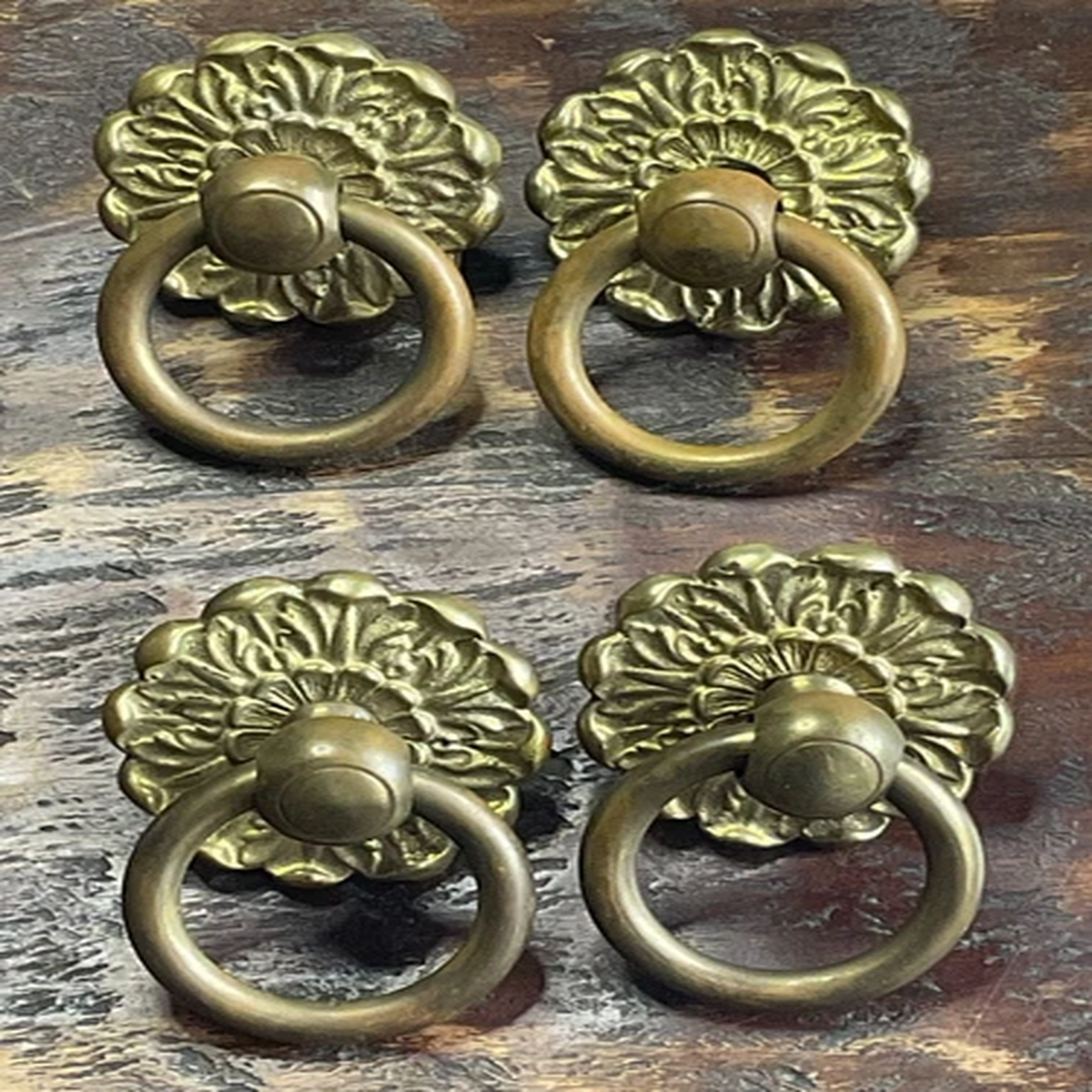 Vintage Ring Dresser/Handle Pulls Flower Design Brass Heavy Hardware-Lot of 4