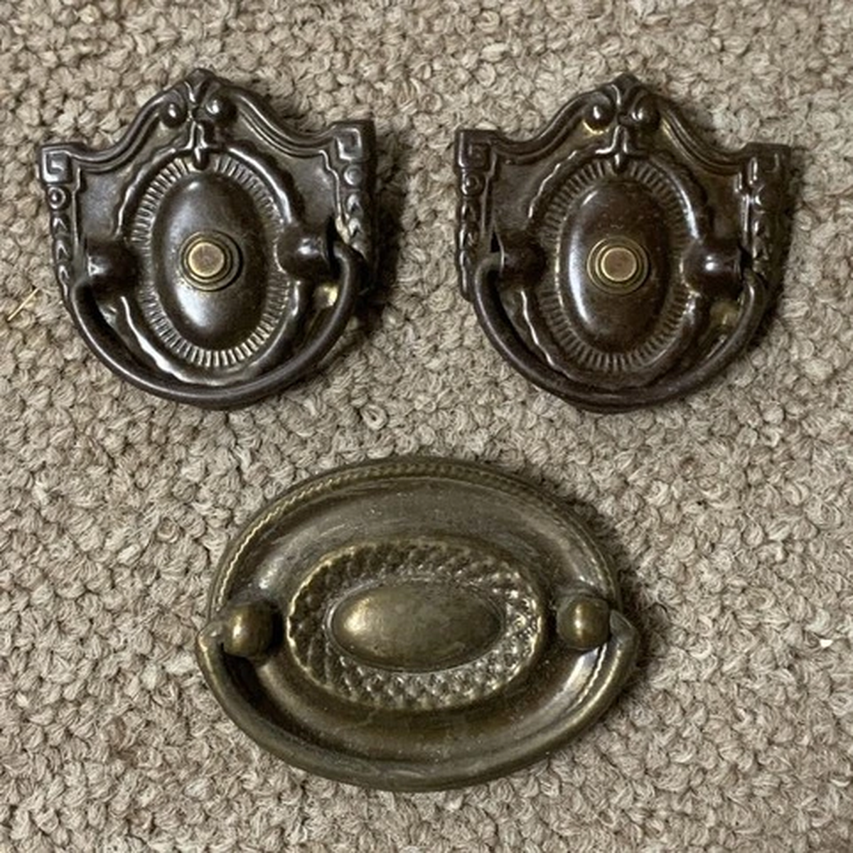 (3) Antique Metal Drop Ring Drawer Pulls, Backplate, Vintage