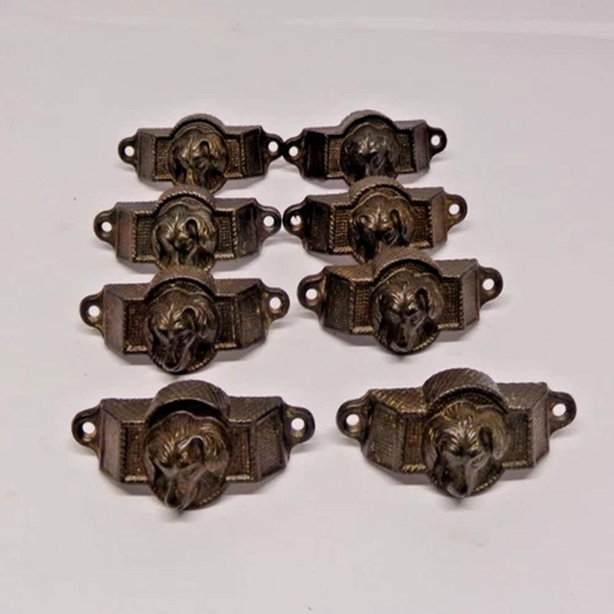 (6) Antique 1880's Reading Hardware Company cast iron Dog Victorian Drawer Pulls