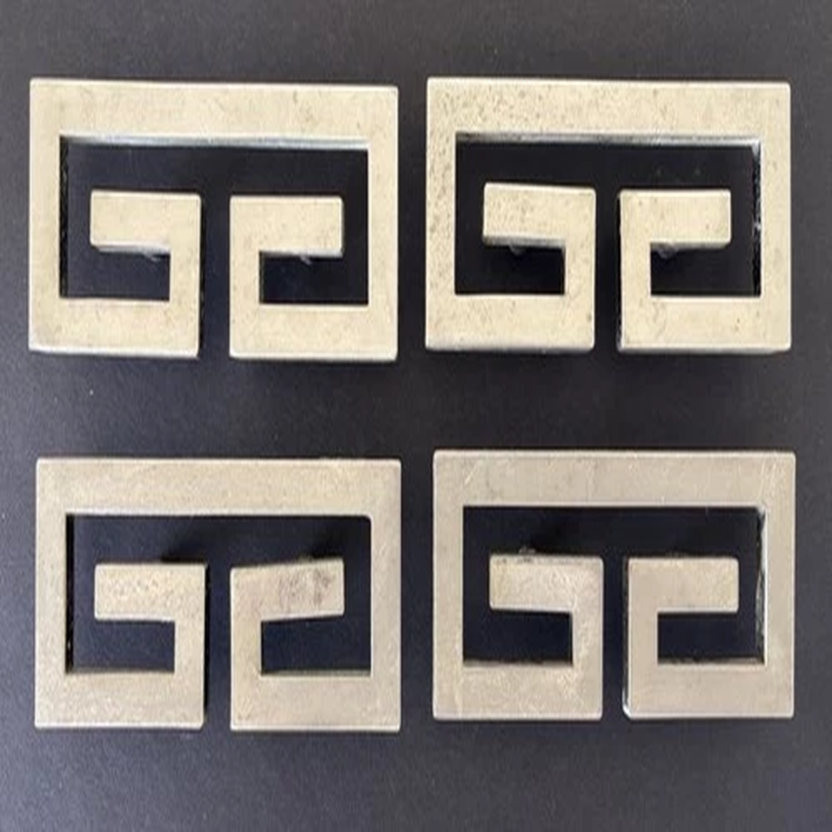(4) Vintage GREEK KEY Metal Drawer Handles Pulls Silver MCM Hollywood Regency